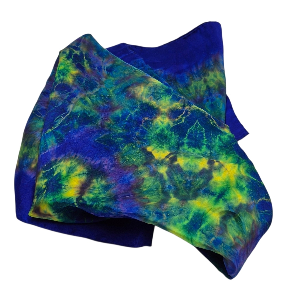 Nine Lions Vibrant Tie-Dye Silk Scarf Blue Green Yellow Quiet Luxury
